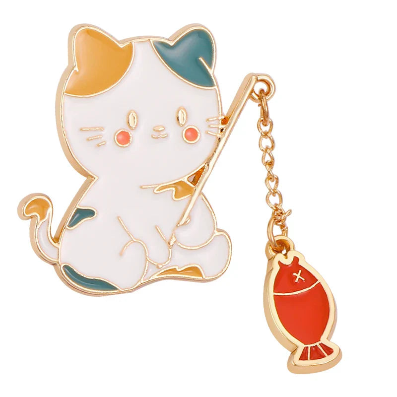 Cats Fish Enamel Pin Kawaii Vintage Brooch Lapel Jewelry Accessories Gifts