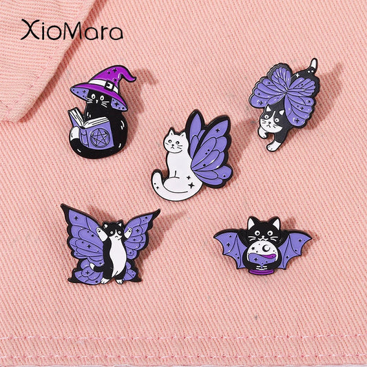 Cute Cat Enamel Pins Set: Purple Wings, Magician, Black & White Punk Cat Brooches for Backpack or Clothes