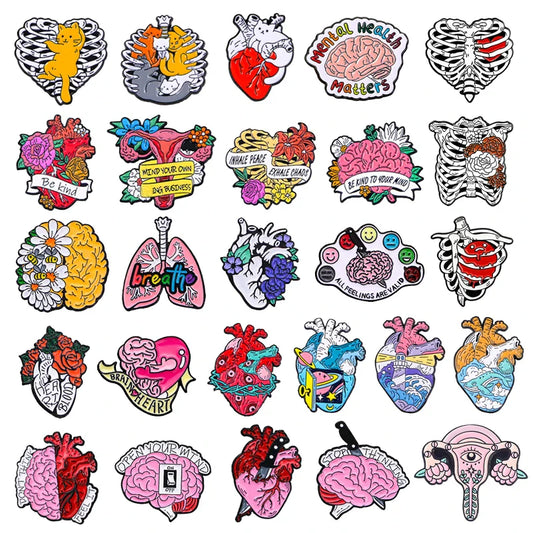 Cartoon Flower Heart Enamel Pins Lung Uterus Brain Planet Brooch Lapel Jewelry Gift
