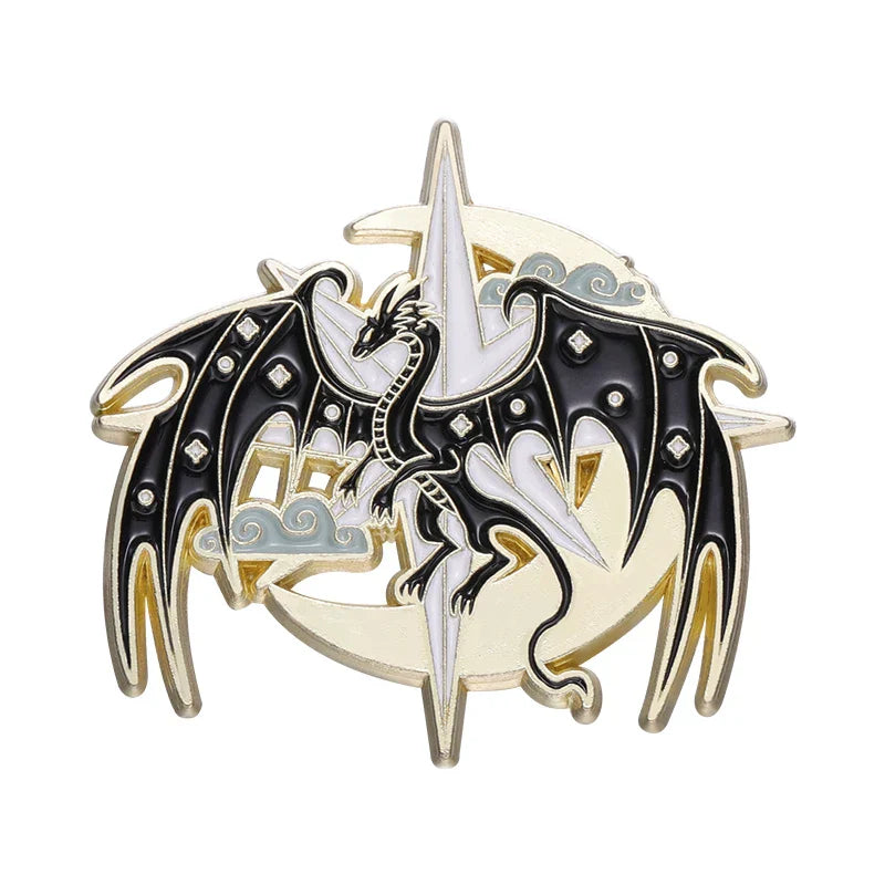 Gothic Black White Enamel Pin Phoenix Dragon Crow Cat Brooch Lapel Badge Jewelry