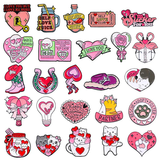 Self Love Juice Enamel Pins: Pink Rose, Hot Air Balloon, Cat Claw, Cowboy Boots Brooch Badge - Trendy Cute Jewelry Gift