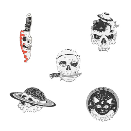 Gothic Skeleton Punk Enamel Pin: Skull, Knife, Black Cat Brooch