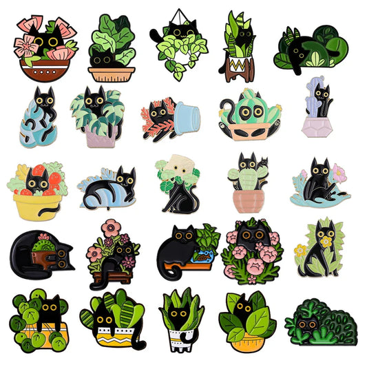 Cartoon Black Cat Lucky Bamboo Enamel Pin Cactus Brooch Lapel Jewelry Gift