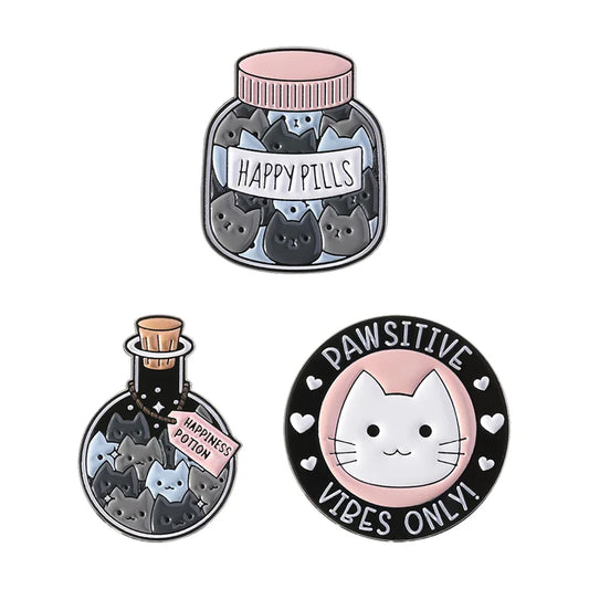 Cartoon Cat Enamel Pins Happy Potion Brooches Cute Animal Jewelry Gifts
