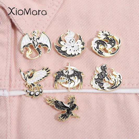 Gothic Black White Enamel Pin Phoenix Dragon Crow Cat Brooch Lapel Badge Jewelry