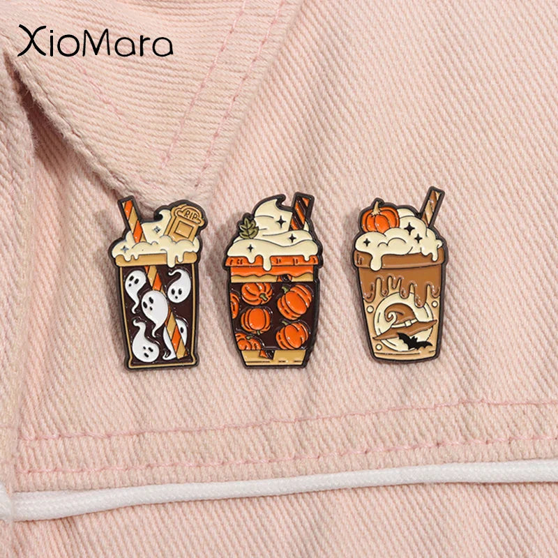 Ghost Pumpkin Halloween Enamel Pins Milk Tea Ice Cream Brooches Lapel Badge Jewelry Gifts
