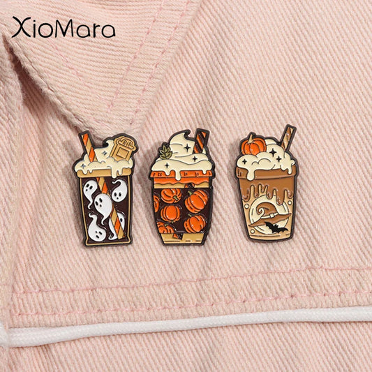 Ghost Pumpkin Halloween Enamel Pins Milk Tea Ice Cream Brooches Lapel Badge Jewelry Gifts