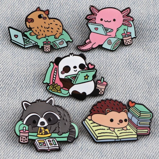 Cute Animal Enamel Pins - Capybara, Panda, Hedgehog, Axolotl, Raccoon, Backpack Gift for Animal Lovers