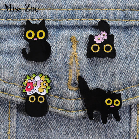 Black Cat Enamel Pins Big Eyes Kitten Brooch Lapel Badge Floral Cartoon Jewelry Gift