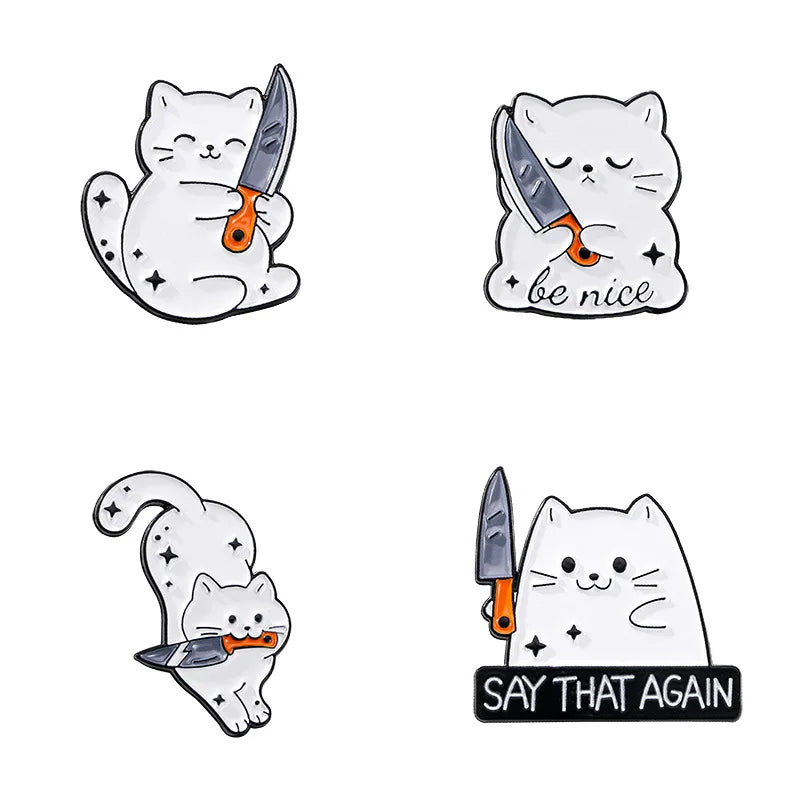 Cute Cat Knife Enamel Brooch Pin Badge Accessories