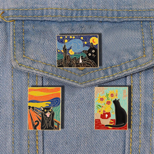 Cartoon Black Cat Oil Painting Enamel Pin Sunflower Starry Sky Kitten Brooch Lapel Jewelry