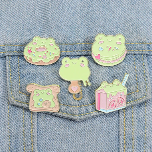 Frog Dessert Enamel Pins Custom Donut Juice Toast Hamburger Ice Cream Brooches Lapel Badges Animal Jewelry Gift