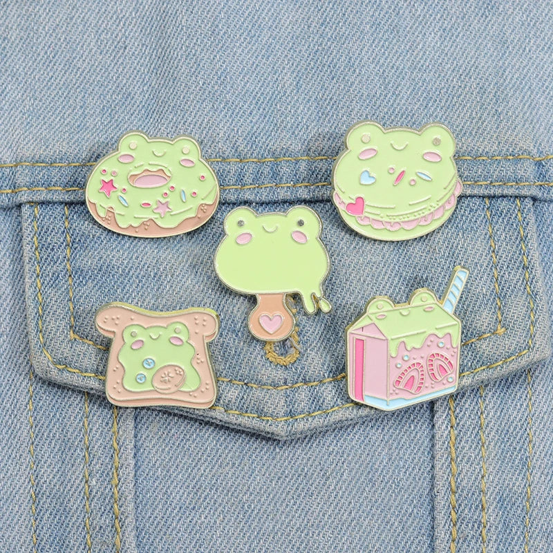 Frog Dessert Enamel Pins Donut Juice Toast Hamburger Ice Cream Brooches Lapel Badges Animal Jewelry Gift for Kids Friends