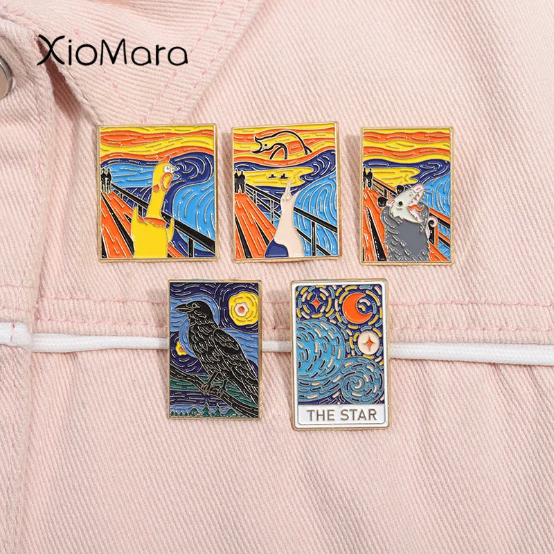 Van Gogh Night Sky Enamel Pin Opossum Goose Brooch Lapel Badge Jewelry Gifts