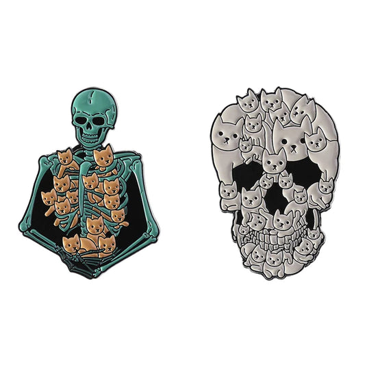 Skeleton Kitten Skull Cat Enamel Pins Halloween Brooches Lapel Badge Punk Jewelry Gifts