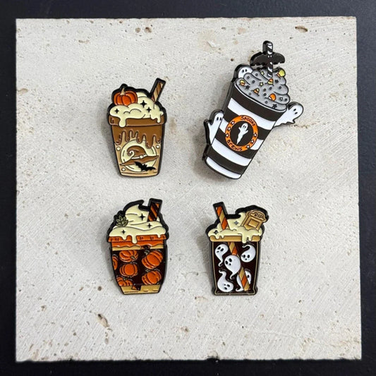 Spooky Ghost Latte Enamel Pin, Halloween Drink Brooch, Cute Autumn Badge