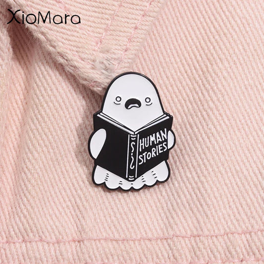 Ghost Reading Enamel Pin Halloween Brooch Lapel Badge Jewelry Gift
