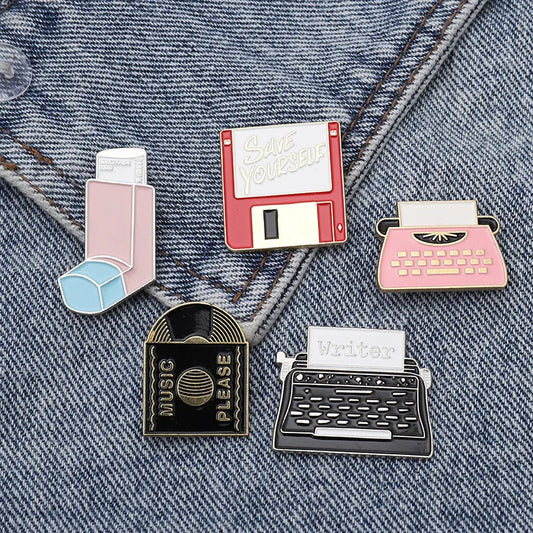 USB Memory Card Vinyl Record Typewriter Enamel Pin Brooch Lapel Pin Backpack Badge