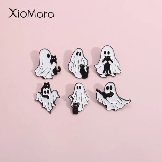 Halloween Ghost Cat Enamel Pins Black Cat Brooches Lapel Badges Gothic Jewelry Gift