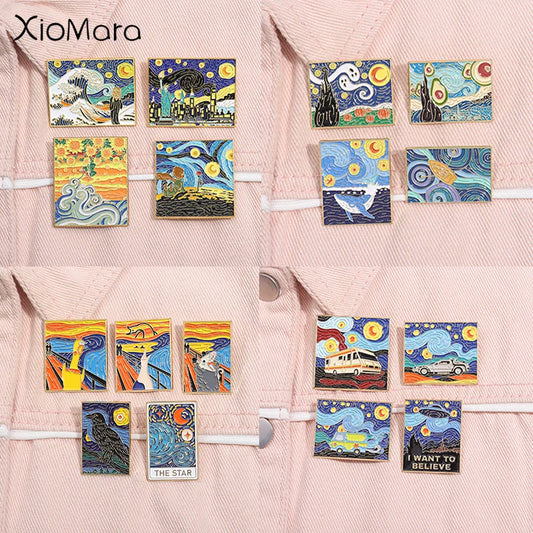 Van Gogh Starry Night Enamel Pins Set - Black Cats Wave Brooches Lapel Badge Jewelry Gifts