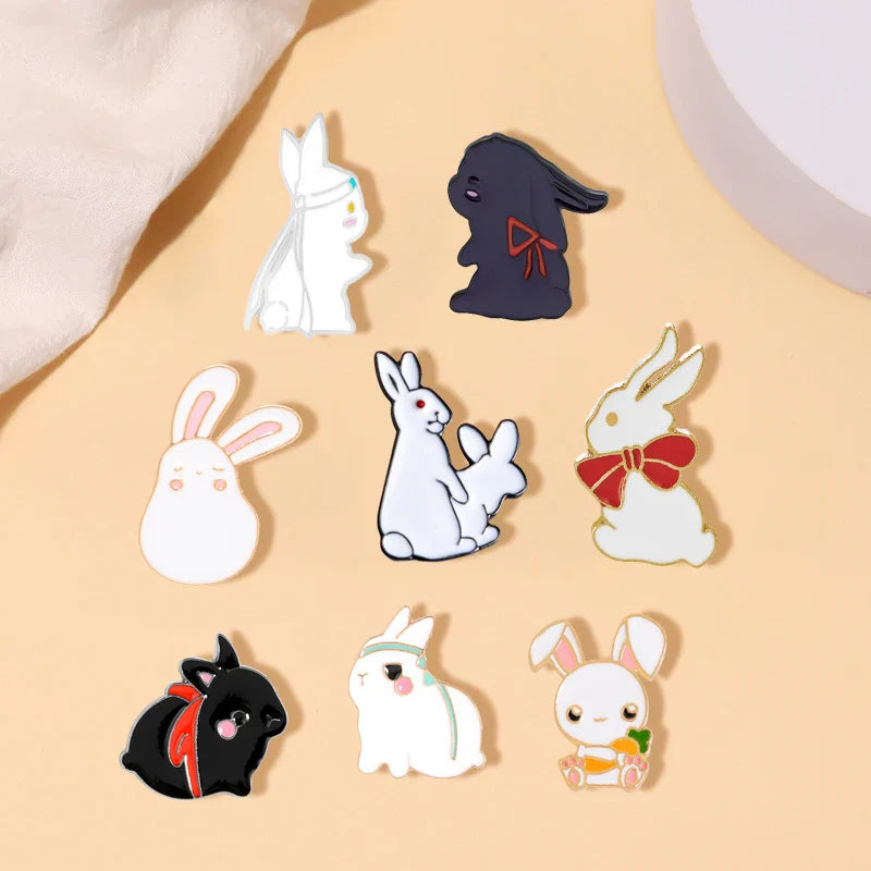 Cartoon Black White Rabbit Enamel Pins Cute Animal Brooch Lapel Jewelry Gift