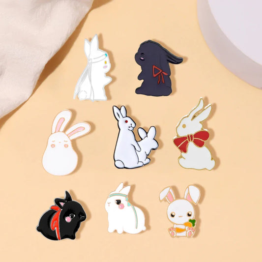 Cartoon Black White Rabbit Enamel Pins Cute Animal Brooch Lapel Jewelry Gift