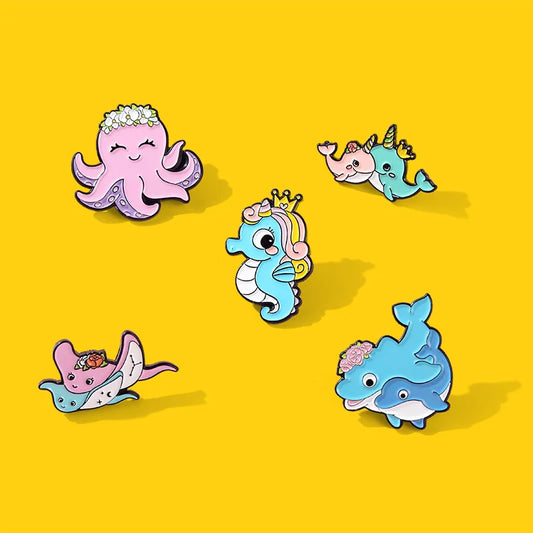 Seahorse Whale Octopus Animal Brooches for Women Metal Alloy Jewelry Pin