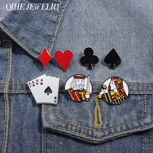 Creative Poker Playing Cards Enamel Pin Red Heart Spades King Queen Brooch Lapel Badge Jewelry Accessories