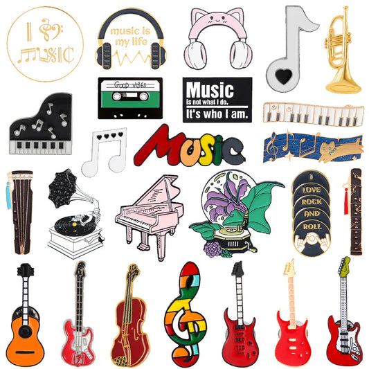 Music Instrument Enamel Pins: Piano, Guitar, Headset Brooch Badge Jewelry Gift