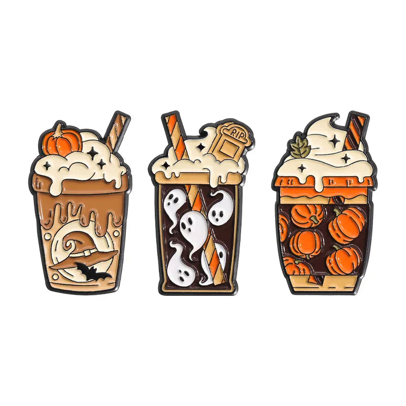 Ghost Pumpkin Halloween Enamel Pins Milk Tea Ice Cream Brooches Lapel Badge Jewelry Gifts