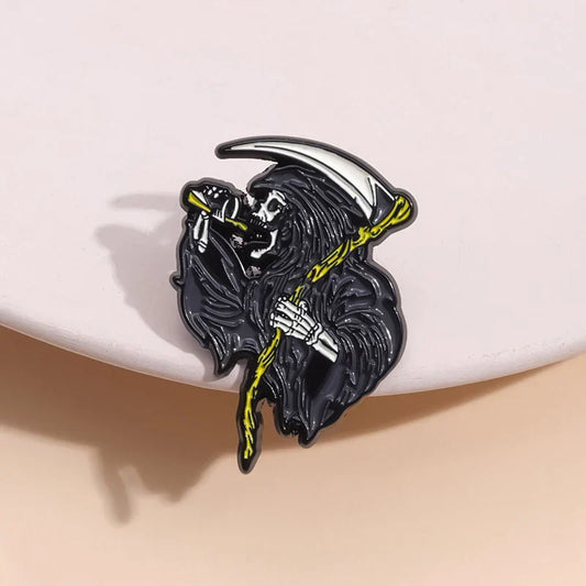 Death Sickle Skull Enamel Pin Ghost Brooch Lapel Dark Punk Jewelry Halloween Gift