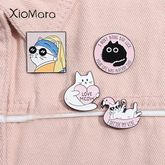 Cat Oil Painting Enamel Pin Pearl Earring Bowie Kitten Brooch Lapel Badge Jewelry