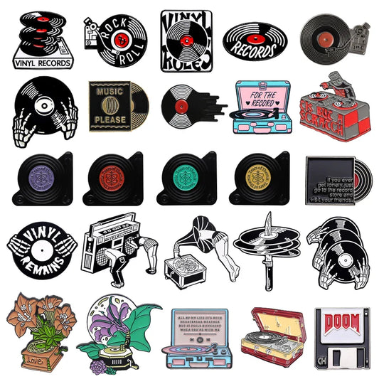 Retro Gramophone Enamel Brooch Cartoon CD Tape Pin Musician Lapel Jewelry Gift
