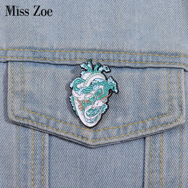 Marine Life White Dragon Enamel Pins Heart Brooches Lapel Badges Animal Jewelry Gift