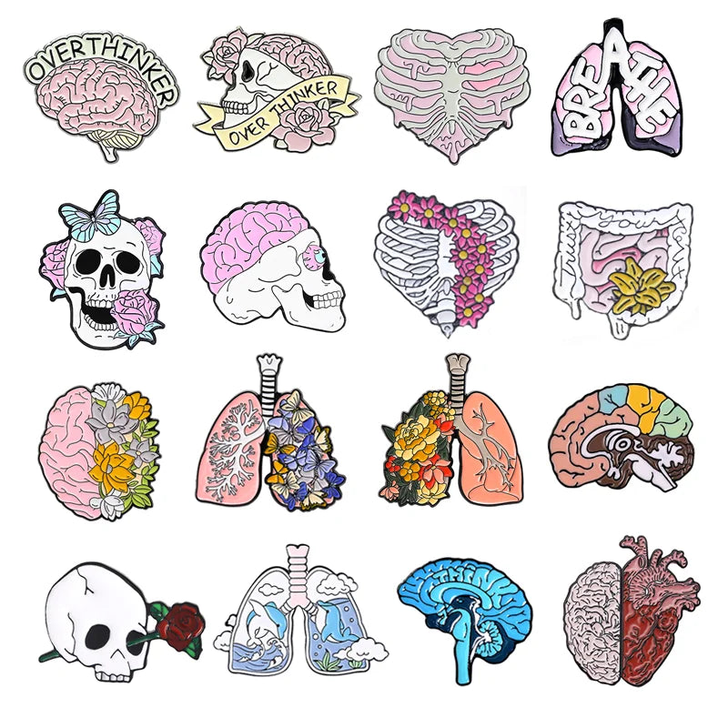 Body Organ Enamel Pins: Brain, Skull, Lungs, Skeleton Brooches, Lapel Badges, Jewelry Gift