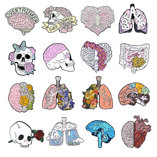 Body Organ Enamel Pins: Brain, Skull, Lungs, Skeleton Brooches, Lapel Badges, Jewelry Gift