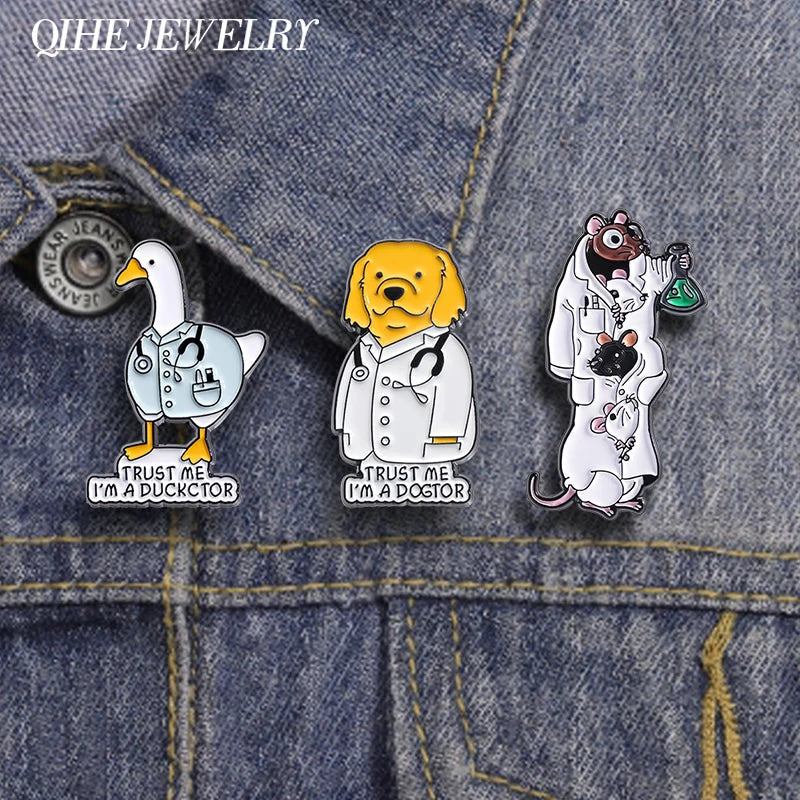 Funny Mouse Scientist Enamel Pins Cartoon Duck Dog Brooches Lapel Badge Animal Jewelry Gift