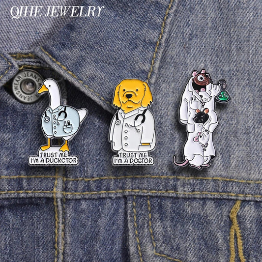 Funny Mouse Scientist Enamel Pins Cartoon Duck Dog Brooches Lapel Badge Animal Jewelry Gift