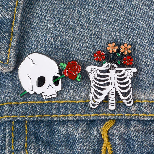 Skeleton Rose Skull Enamel Pin Brooch for Hat, Bag, Clothes, Lapel