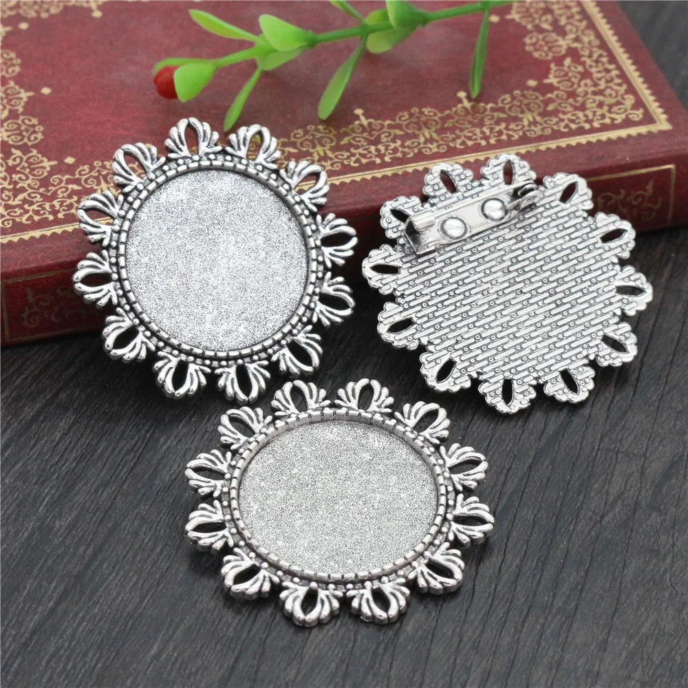 Antique Silver Bronze Baroque Brooch 25mm Cabochon Base 5pcs